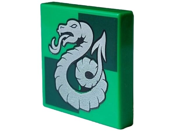 Tile 2 x 2 with Silver Slytherin Crest on Dark Green Squares Pattern